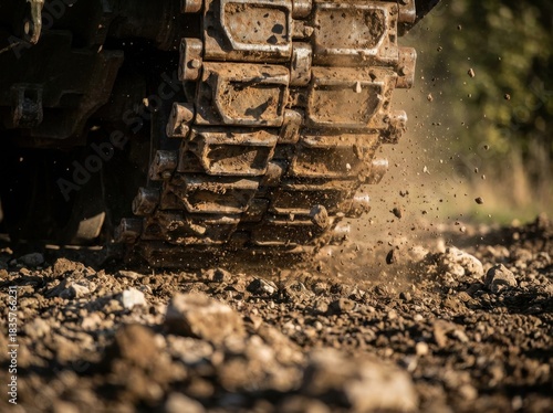 Brown tractor tire tracks in the sand soil on a beach landscape