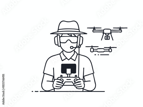 Man operating drone with remote control and goggles