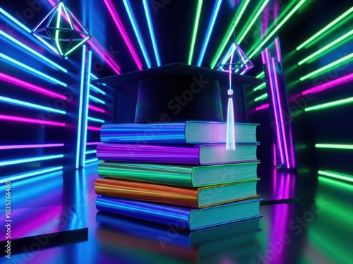 Abstract colorful background with a stack of books, laptop, and learning concept