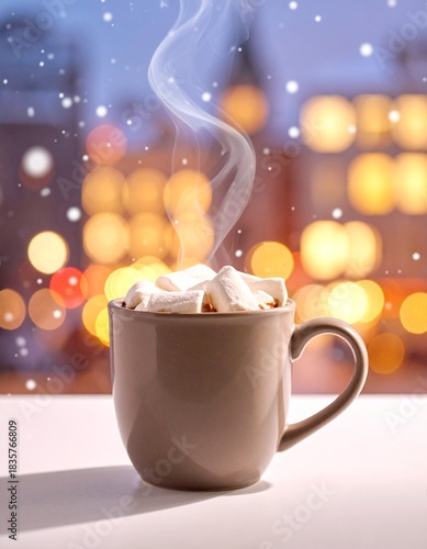 Eine Keramiktasse heißer Kakao ist mit schmelzenden Marshmallows garniert und steht auf einem Tisch vor einem Hintergrund aus verschneiten Stadtlichtern im Bokeh
