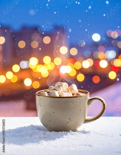 Eine Keramiktasse heißer Kakao ist mit schmelzenden Marshmallows garniert und steht auf einem Tisch vor einem Hintergrund aus verschneiten Stadtlichtern im Bokeh