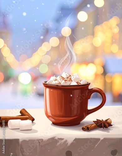 Eine Keramiktasse heißer Kakao ist mit schmelzenden Marshmallows garniert und steht auf einem Tisch vor einem Hintergrund aus verschneiten Stadtlichtern im Bokeh