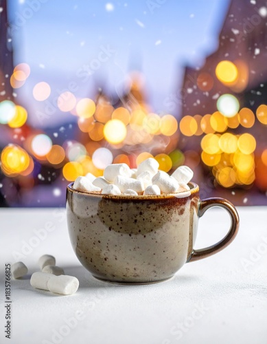 Eine Keramiktasse heißer Kakao ist mit schmelzenden Marshmallows garniert und steht auf einem Tisch vor einem Hintergrund aus verschneiten Stadtlichtern im Bokeh