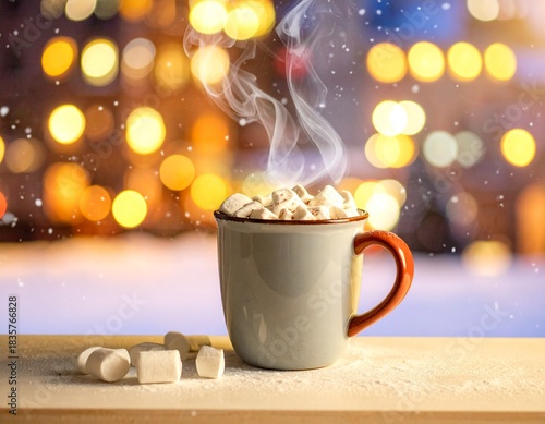 Eine Keramiktasse heißer Kakao ist mit schmelzenden Marshmallows garniert und steht auf einem Tisch vor einem Hintergrund aus verschneiten Stadtlichtern im Bokeh
