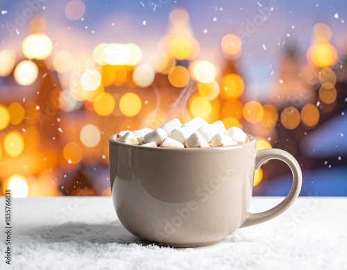Eine Keramiktasse heißer Kakao ist mit schmelzenden Marshmallows garniert und steht auf einem Tisch vor einem Hintergrund aus verschneiten Stadtlichtern im Bokeh