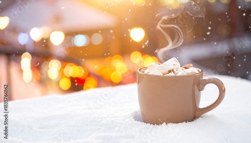 Eine Keramiktasse heißer Kakao ist mit schmelzenden Marshmallows garniert und steht auf einem Tisch vor einem Hintergrund aus verschneiten Stadtlichtern im Bokeh