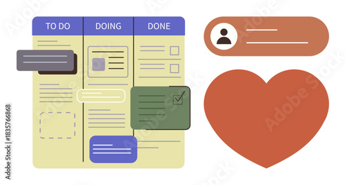 Task board with columns for to-do, doing, done user profile detail, large heart. Ideal for teamwork, productivity, planning, collaboration, organization task tracking positive effort simple flat