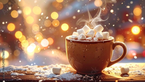 Eine Keramiktasse heißer Kakao ist mit schmelzenden Marshmallows garniert und steht auf einem Tisch vor einem Hintergrund aus verschneiten Stadtlichtern im Bokeh