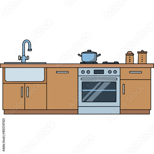 Modern Kitchen Countertop With Stainless Steel Sink Stove Oven And Cabinets Detailed Flat Illustration Of A Functional Kitchen Area In Neutral Tones