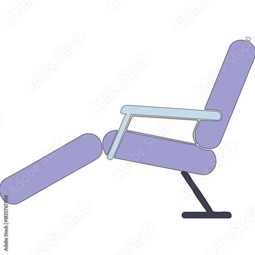 Modern light purple dental examination chair with adjustable headrest and footrest on black stand in clean bright room with soft lighting
