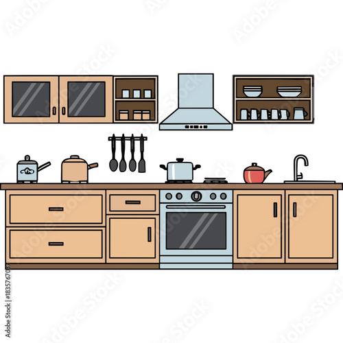 Modern Kitchen Interior With Stove Oven Cabinets Sink And Range Hood Detailed Vector Illustration Clean Design With Wood And Light Blue Accents Perfect For Home Decor And Design Concepts