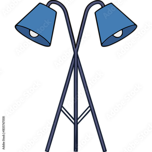 Modern minimalist double headed floor lamp with blue conical shades and a tripod base in a simple flat design isolated on a black background
