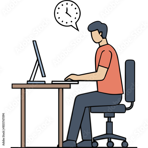 Man Working On Computer At Desk With Clock Above Head Indicating Time Passing And Deadline Approaching During Workday In Office Setting