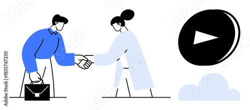 Business agreement, teamwork, technology, collaboration, multimedia, career growth. Two professionals shaking hands next to a play icon and cloud graphic. Business agreement and teamwork concept