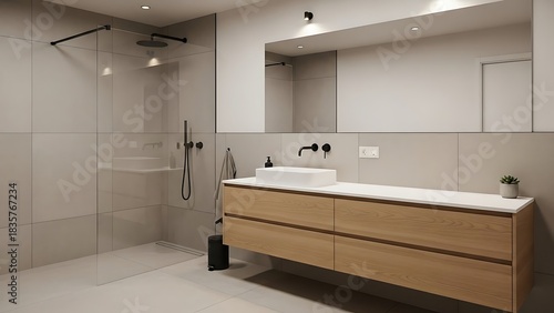 Wallpaper Mural Modern Bathroom Interior with Wooden Vanity and Glass Shower. Torontodigital.ca