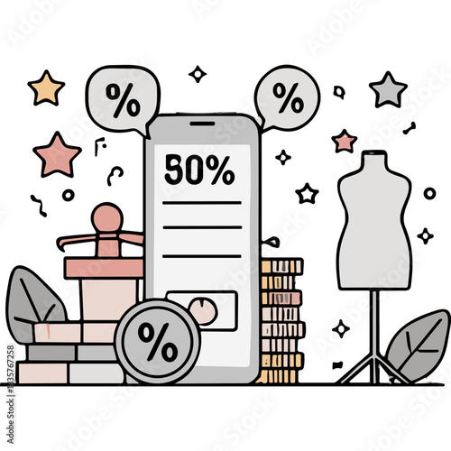 Mobile Phone Showing 50 Percent Discount Notification Surrounded By Shopping Icons Brick Wall Mannequin And Stars Representing Online Sale Or Promotion In Bright Lighting