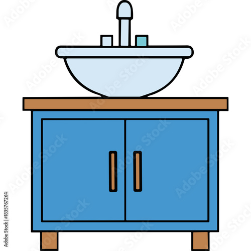 Modern blue bathroom vanity with white basin and chrome faucet against a solid black background and brown countertop with cabinet doors