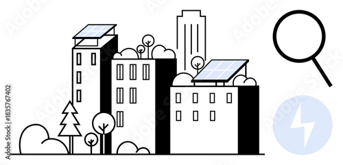 City buildings equipped with rooftop solar panels surrounded by trees with a magnifying glass and energy icon. Ideal for clean energy, sustainability, urban planning, green living, eco-friendly