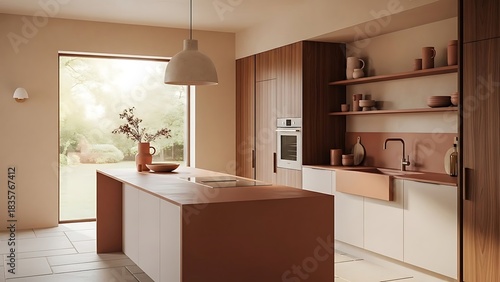 Modern Kitchen Interior with Island and Natural Light.