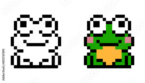 Cute frog pixel art icon. a black and white version alongside a colorful green variation. cartoon retro style.