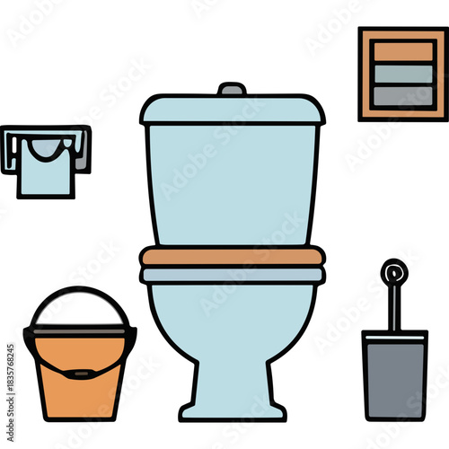 Illustration Of A Light Blue Toilet With Orange Seat And Lid Surrounded By Cleaning Supplies Including A Bucket And Brush In A Plain Background