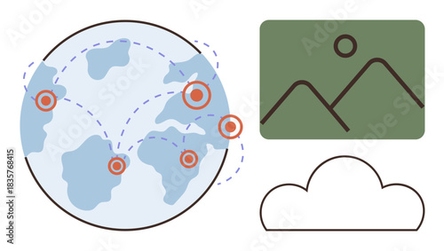 Earth with connection points, cloud outline, and image frame represent global collaboration, cloud storage, and digital sharing. Ideal for network, innovation, technology, storage business