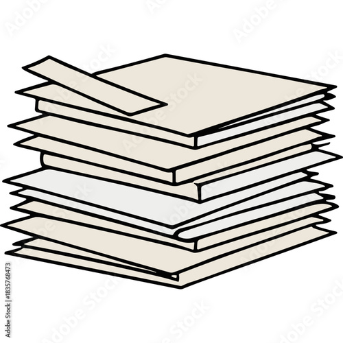 Illustration of a Stack of Off White Paper Sheets and Documents with a Thin Strip of Paper on Top Representing Office Supplies and Administrative Work on a Black Background
