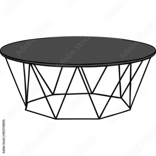 Modern Round Coffee Table With Geometric Wire Base On A Black Background Minimalist Furniture Design
