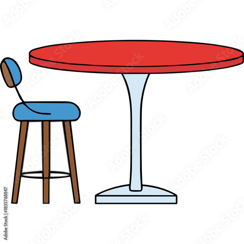 Modern Round Red Table with Blue Bar Stool and White Pedestal Base on Black Background Minimalist Furniture Design for Home or Cafe Interior