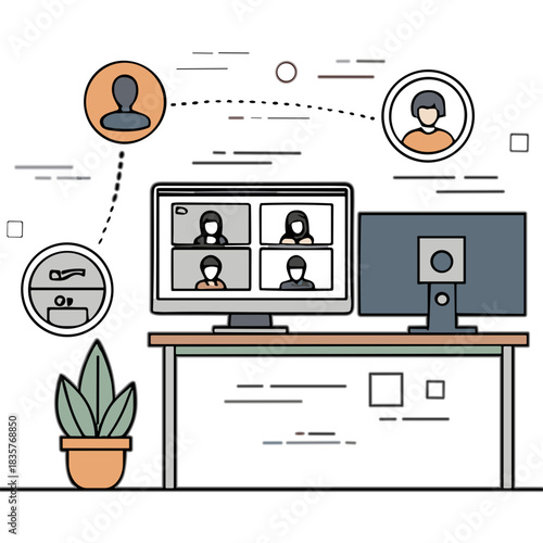 Modern remote meeting setup showcasing a video conference on a computer screen with participants and a secondary monitor on a desk with a potted plant and abstract network lines symbolizing connection