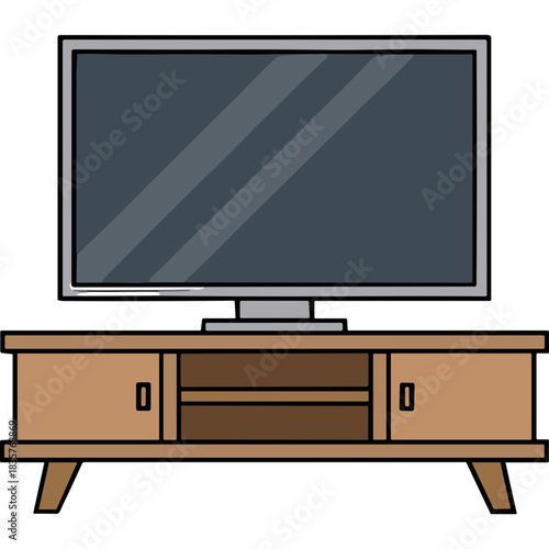 Modern television set with a sleek flat screen display rests on a two-door wooden media console with open shelving providing a clean and contemporary entertainment setup in a minimalist setting