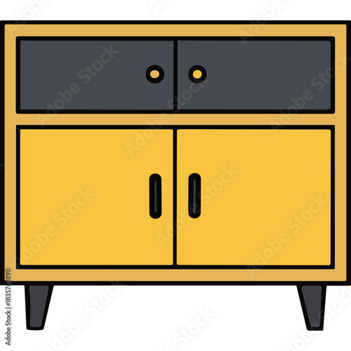 Modern Two Tone Yellow And Gray Cabinet With Black Handles And Legs Minimalist Furniture Design Isolated On Black Background