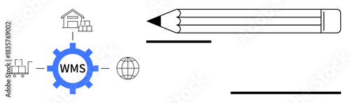 Logistics, supply chain, inventory management, documentation, warehouse operations, productivity tools. WMS gear icon connects to warehouse, cart globe and pencil. Logistics and documentation