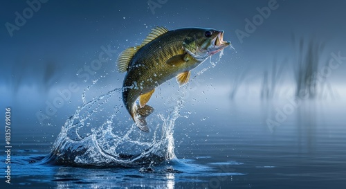 Bass fish leaps from water creating splash in aquatic habitat a dynamic wildlife scene showcasing power agility and natural beauty