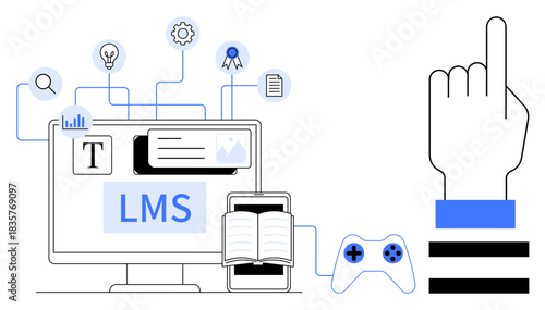 Desktop with LMS interface, open book, game controller, icons of analytics, search, lightbulb. Ideal for online learning, education, productivity innovation gamification remote work simple flat