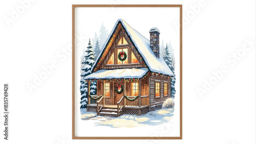 Watercolor Christmas Cabin in Snowy Winter Forest with Holiday Lights and Wreath Decorations