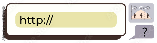 Url bar with text input, small images displaying people, and question mark speech bubble. Ideal for web navigation, search, communication, problem-solving, internet curiosity and online queries. A
