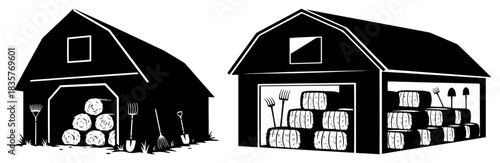 Farm barn silhouettes with hay bales and agricultural tools vector illustration