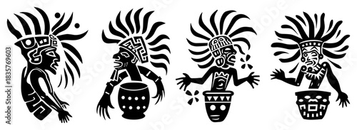 Set of stylized ethnic tribal warrior figures dancing and playing drums vector