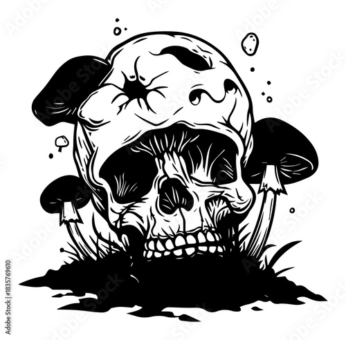 Human skull with wild mushrooms growing out of it vector grunge sketch