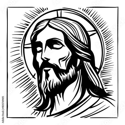 Jesus Christ holy portrait with halo woodcut style vector illustration