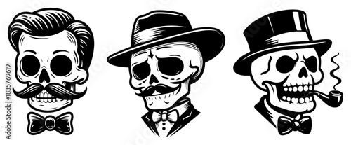 Set of hipster gentleman skulls with mustaches and hats vector sketch