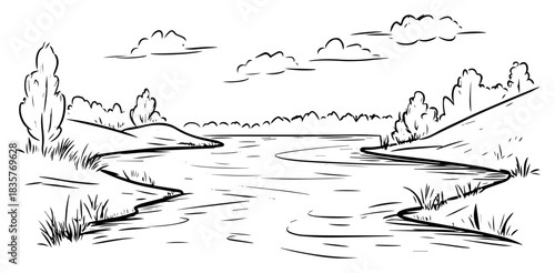 Calm river landscape with trees and clouds nature vector sketch