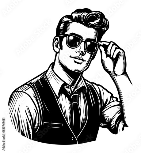Handsome retro man with sunglasses adjusting glasses vector portrait