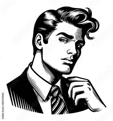 Handsome retro man in suit portrait vintage vector sketch illustration