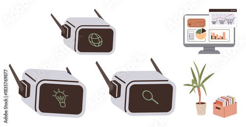 Smart glasses with global, idea, and search icons paired with an analytics monitor, potted plant, and files. Ideal for innovation, virtual reality, technology, research connectivity productivity