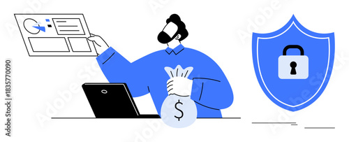 Man holds chart and bag of money near laptop and shield with lock icon. Ideal for finance, data security, banking, cybersecurity, fraud prevention, investment, and technology visuals. Simple flat