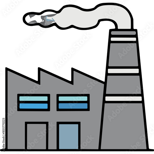 Industrial Factory Building With Tall Smokestack Emitting White Smoke Against A Black Background Simple Flat Design With Gray Walls Blue Windows And A Light Blue Door