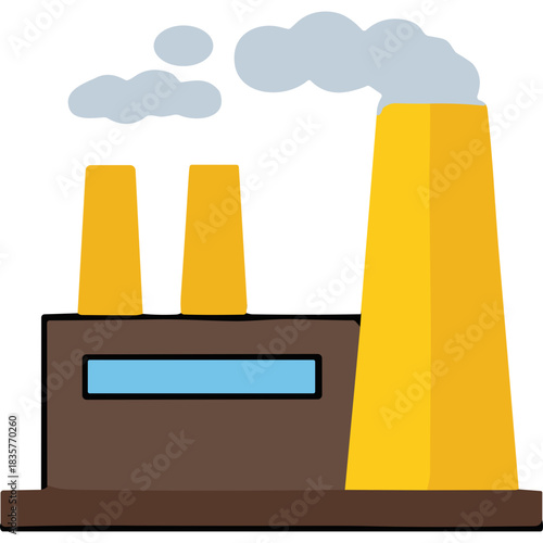 Industrial Factory With Two Smokestacks Emitting Smoke Against A Black Background Representing Manufacturing And Industry