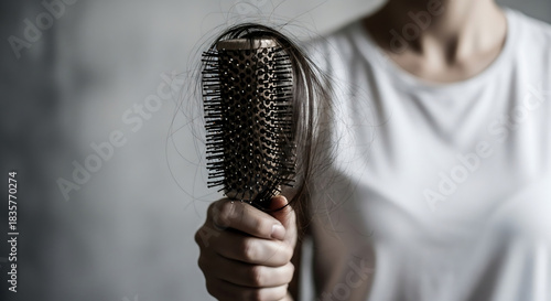A person's hand holds a hairbrush densely packed with strands of lost hair, powerfully depicting the issue of hair loss